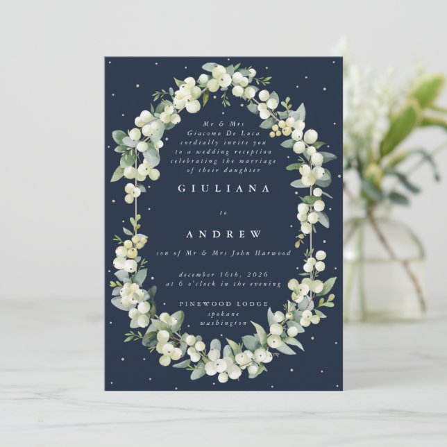 Convites Recepção de Casamento Navy Snowberry + Eucalipto A (Em pé/Frente)
