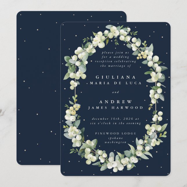 Convites Recepção de Casamento Navy Snowberry + Eucalipto A (Frente/Verso)
