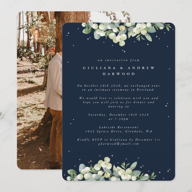 Convites Recepção de Casamento Navy Snowberry+Eucalyptus Fo (Frente/Verso)
