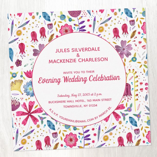 Convites Recepção de Casamento noturno com Aquarelas de Flo (Watercolor wildflower evening wedding reception invitation)