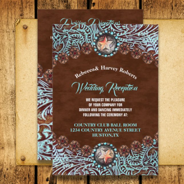 Convites recepção de casamento ocidental turquesa castanha (turquoise brown country western wedding reception invitation)