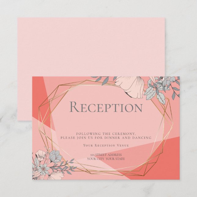 Convites Recepção de Casamento OnTrend Coral Floral Quadro  (Frente/Verso)