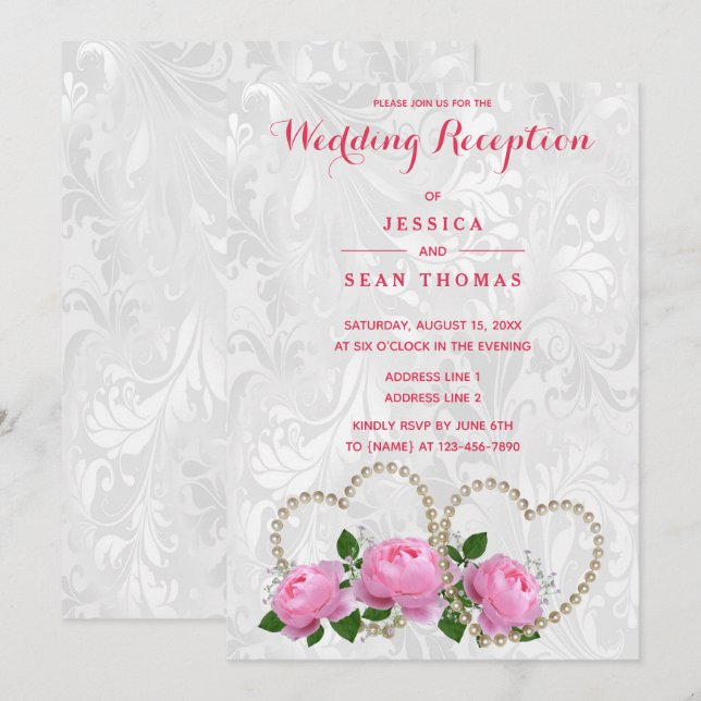 Convites Recepção de Casamento Pérola Corações e Rosas Dama (Frente/Verso)