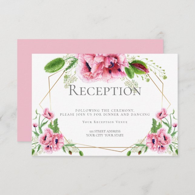 Convites RECEPÇÃO DE CASAMENTO | Poppias de Aquarela Rosa (Frente/Verso)
