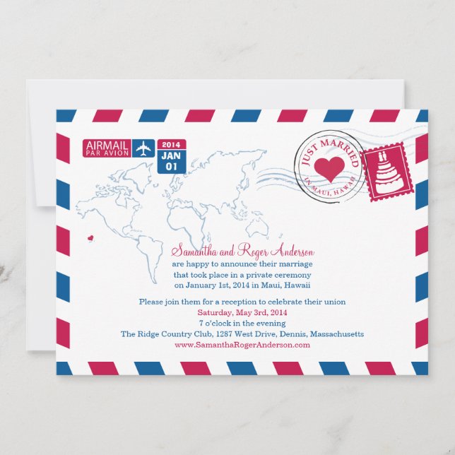 Convites Recepção de Casamento Pós-Casamento Havaí Air Mail (Frente)