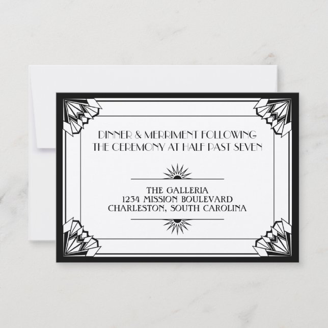 Convites Recepção de casamento preto da era do jazz art déc (Frente)