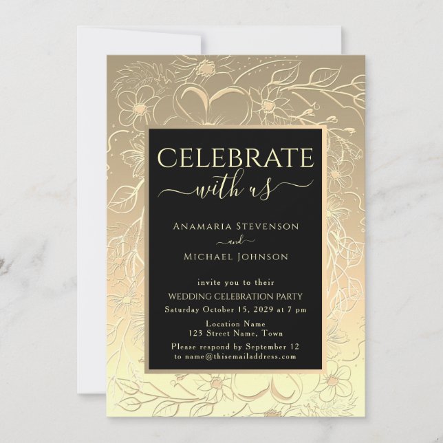 Convites Recepção de Casamento Preto e Dourado (Frente)
