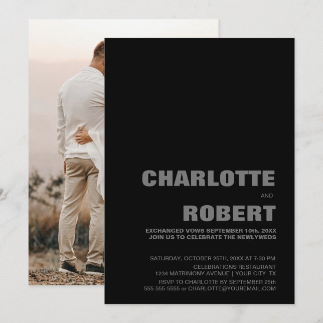 Convites Recepção de Casamento Preto Moderno (Frente/Verso)