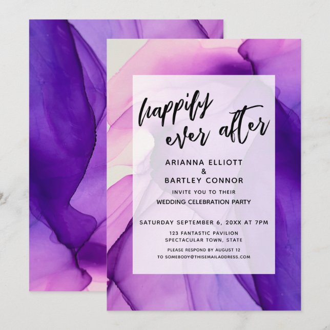 Convites Recepção de Casamento Purple Inks Happily Ever Aft (Frente/Verso)