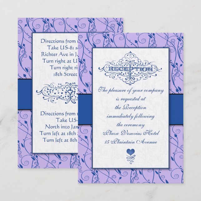 Convites Recepção de casamento Real Azul Lilás Monograma (Frente/Verso)