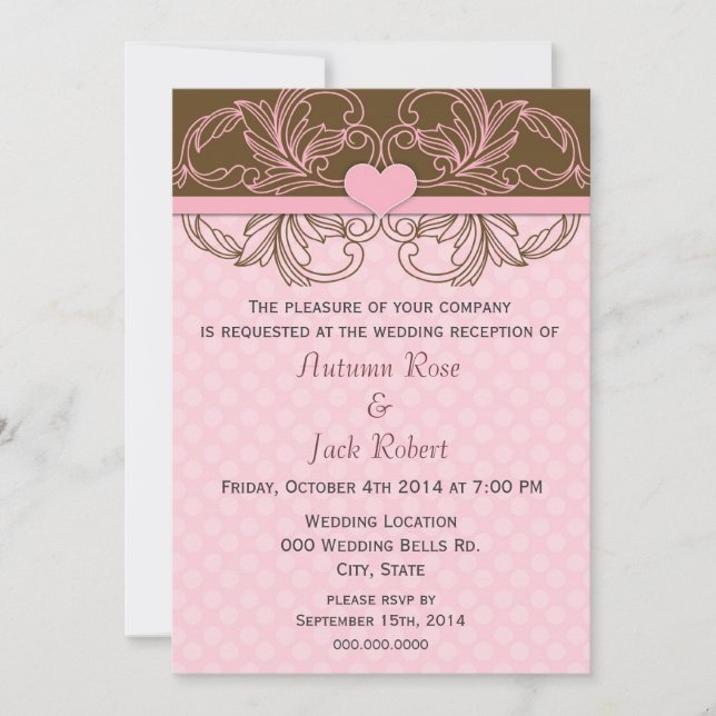 Convites Recepção de Casamento Rosa e Marrom Fofa (Frente)