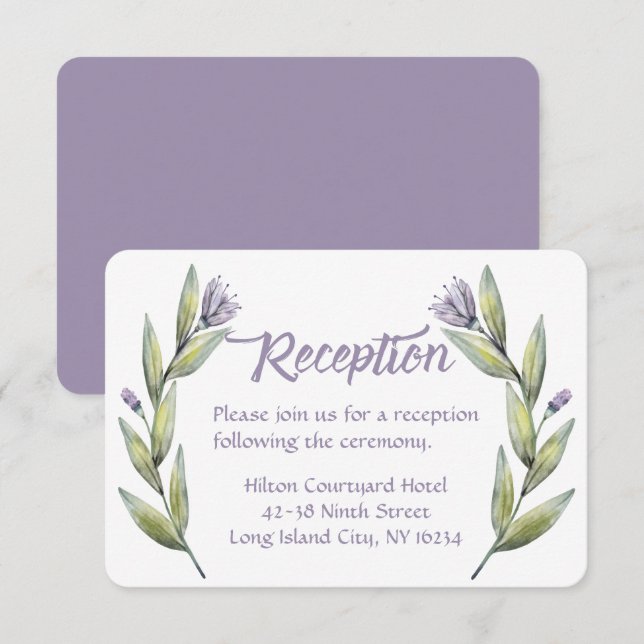 Convites Recepção de Casamento Roxo com Folhas de Louro Flo (Frente/Verso)