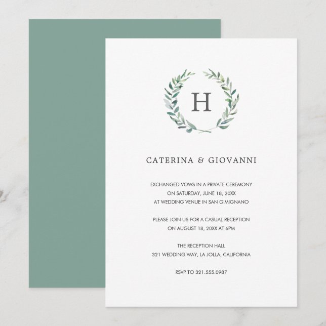 Convites Recepção de Casamento Rústica com Monograma em Ver (Frente/Verso)