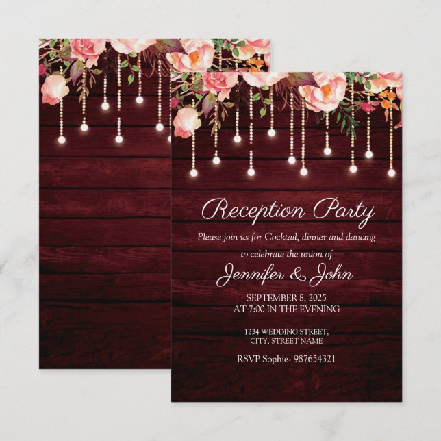 Convites Recepção de Casamento Rústico em Marrom Floral (Frente/Verso)