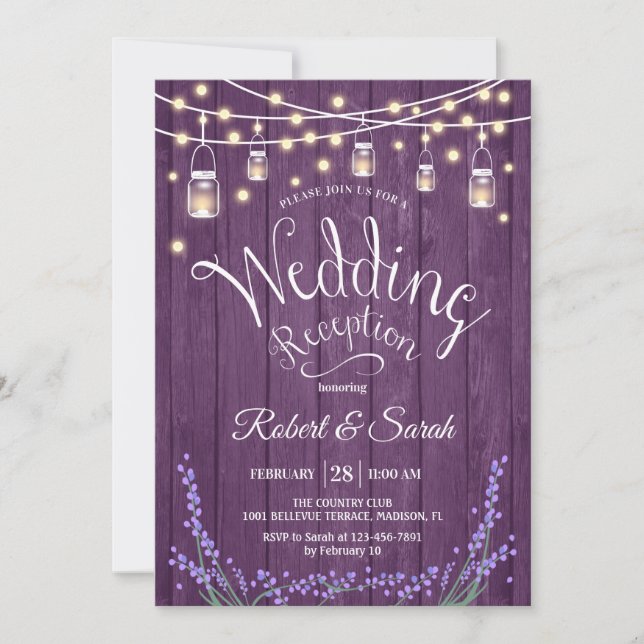 Convites Recepção de Casamento Rústico - Madeira Roxo Lavan (Frente)