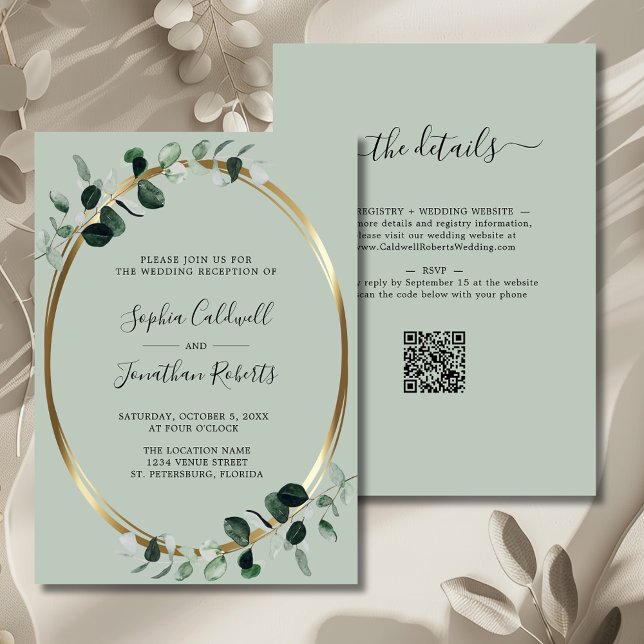 Convites Recepção de Casamento Sage Metálico Eucalipto Dour (Eucalyptus Gold Sage QR Code Wedding Reception Invitation)