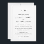 Convites Recepção de Casamento Simples e Elegante em Preto<br><div class="desc">Anúncio de casamento simples com convite para recepção apresentando um design moderno e elegante com seu monograma de duas letras no topo e seus detalhes cercados por uma fina borda. Todo o texto é preto, sobre um fundo branco e o verso é preto sólido. As fontes e cores de fundo...</div>