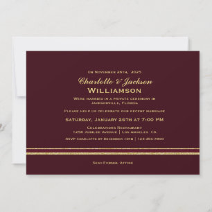 Convites Recepção de Casamento Simples em Burgundy e Dourad