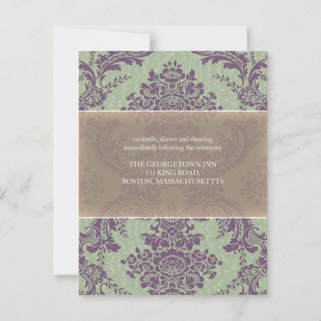 Convites Recepção de Casamento tema damasco Elegante Roxo d (Frente)