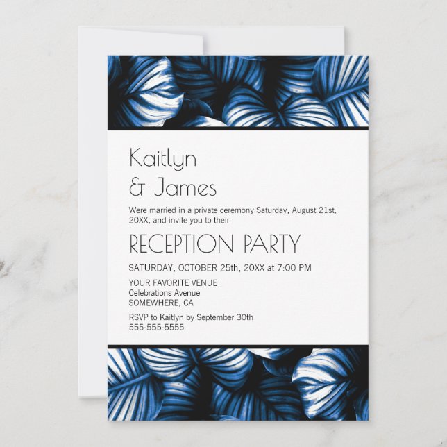 Convites Recepção de Casamento Tropical Palma Azul e Branco (Frente)
