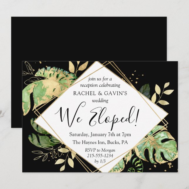 Convites Recepção de Casamento Tropical Preto e Dourado (Frente/Verso)