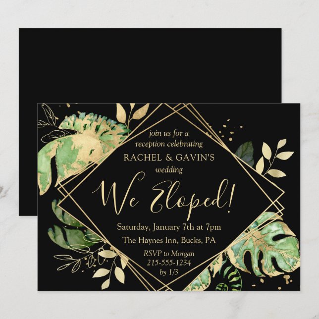 Convites Recepção de Casamento Tropical Preto e Dourado (Frente/Verso)