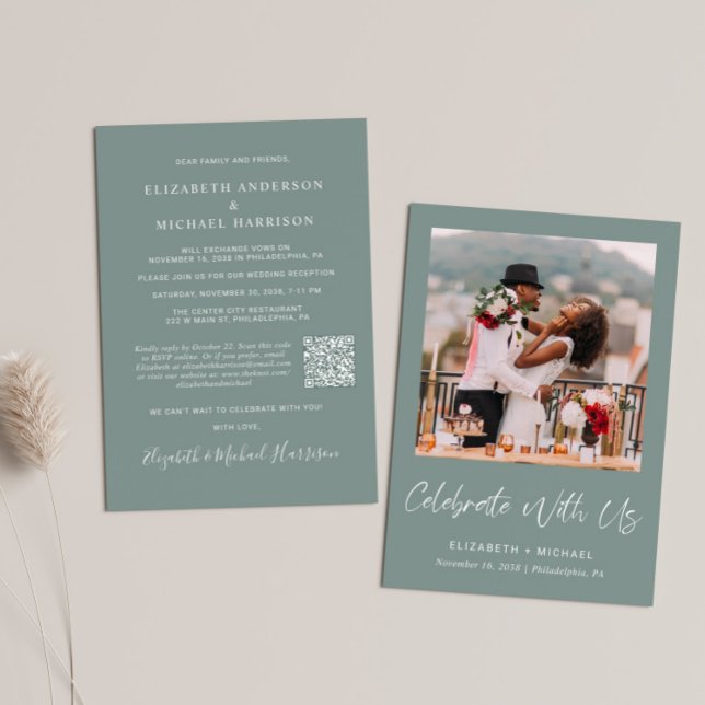 Convites Recepção de casamento Verde do Sage do Código QR d (Criador carregado)