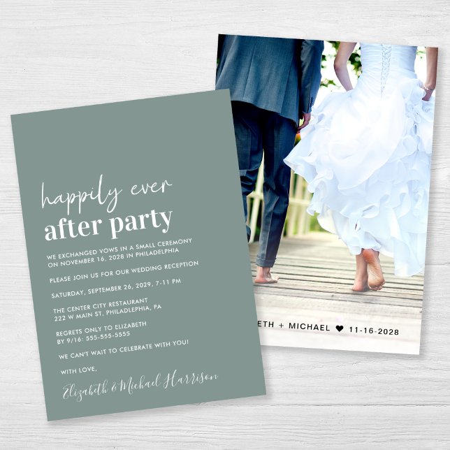Convites Recepção de casamento Verde mínima moderna de imag (An chic Happily Ever After Party photo invitation for your wedding celebration)