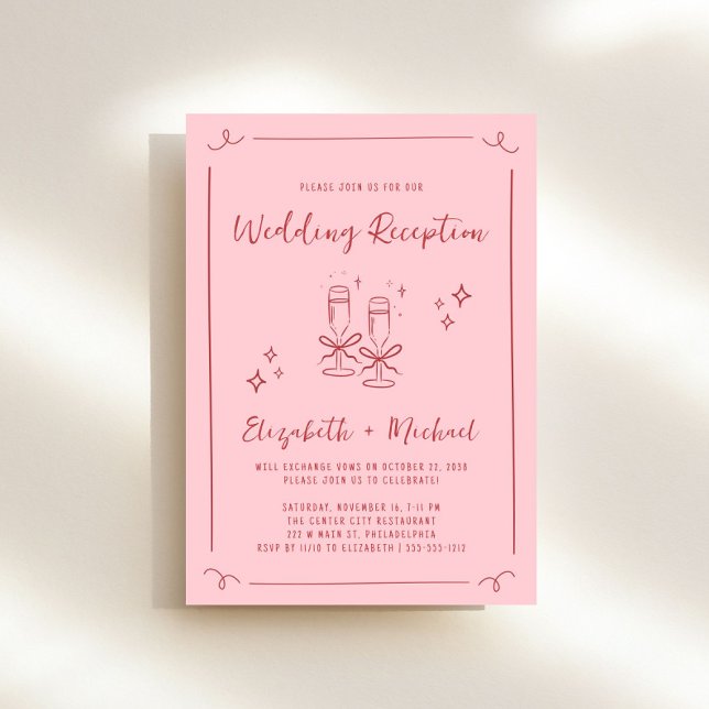 Convites Recepção de casamento Vermelha Cor-de-Rosa, Desenh (Whimsical pink + red wedding reception invitation to set the tone for an unforgettable event)