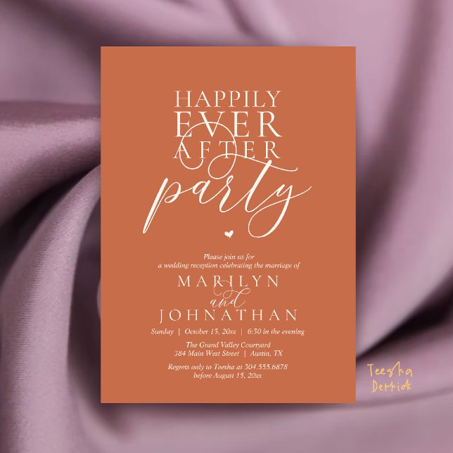 Convites Recepção de Festa Felizes para Sempre Minimal Mode (Modern Minimal Happily Ever After Party Reception Invitation Card in Terracotta Sunset)
