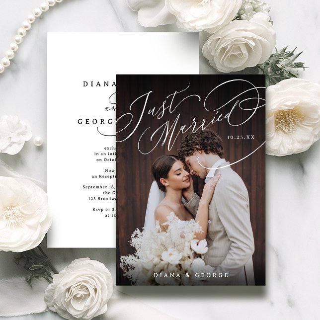 Convites Recepção de Foto de Casamento com Roteiro de Redem (Timeless Typography Just Married Photo Reception Invitation)