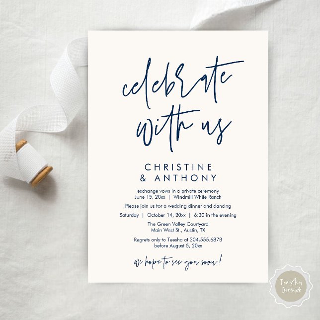 Convites Recepção de Jantar de Casamento Minimalista Modern (Modern Minimal Wedding Reception Dinner Lunch Brunch Invitation Card in Navy Blue and ivory)