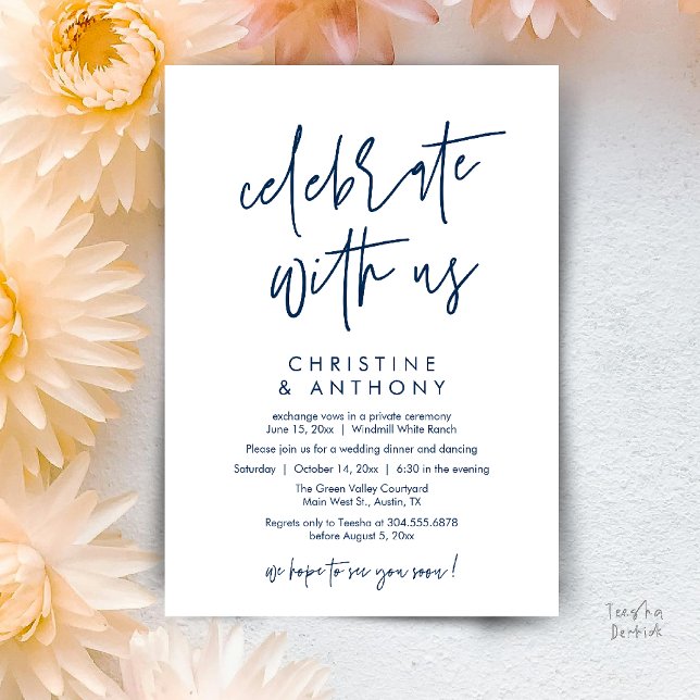 Convites Recepção de Jantar de Casamento Minimalista Modern (Modern Minimal Wedding Reception Dinner Lunch Brunch Invitation Card in Navy Blue)
