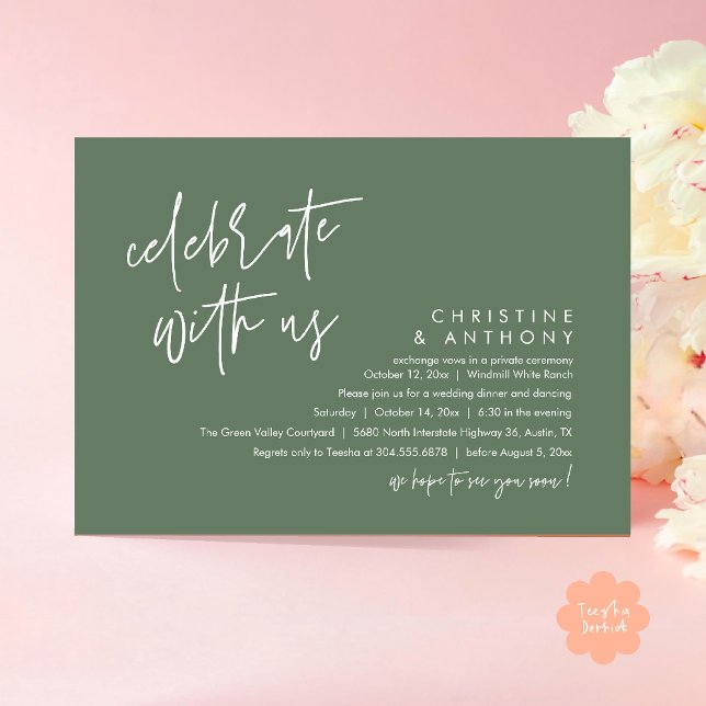 Convites Recepção de Jantar de Casamento Minimalista Modern (Modern Minimalist Wedding Reception Dinner Invitation Card, Celebrate with us, in Sage Green)