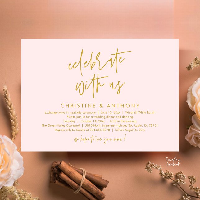 Convites Recepção de Jantar de Casamento Minimalista Modern (Modern Minimalist Wedding Reception Dinner Invitation Card, Celebrate with us, in Yellow Gold Blush)