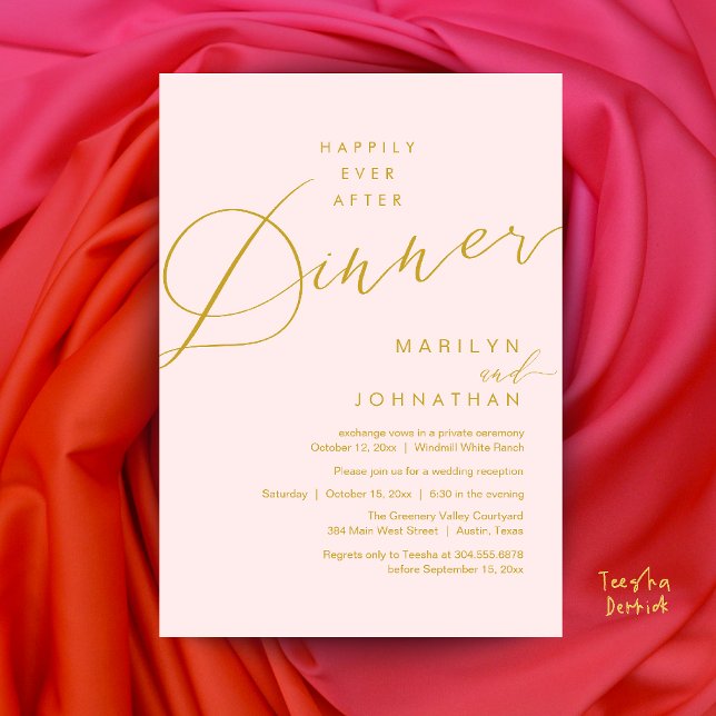 Convites Recepção de Jantar de Casamento Moderno Feliz para (Modern Wedding Happily Ever After Reception Dinner Invitation Card in Gold Blush)