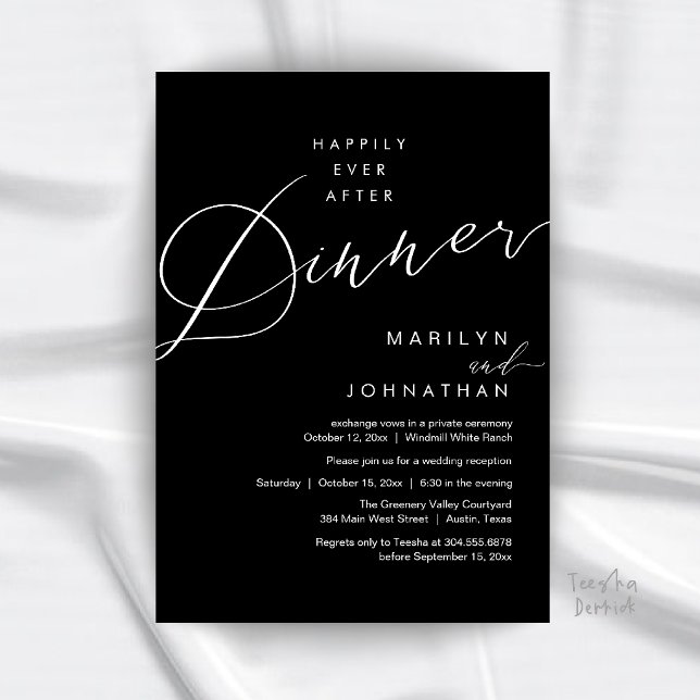 Convites Recepção de Jantar de Casamento Moderno Feliz para (Modern Wedding Happily Ever After Reception Dinner Invitation Card in Black and White)