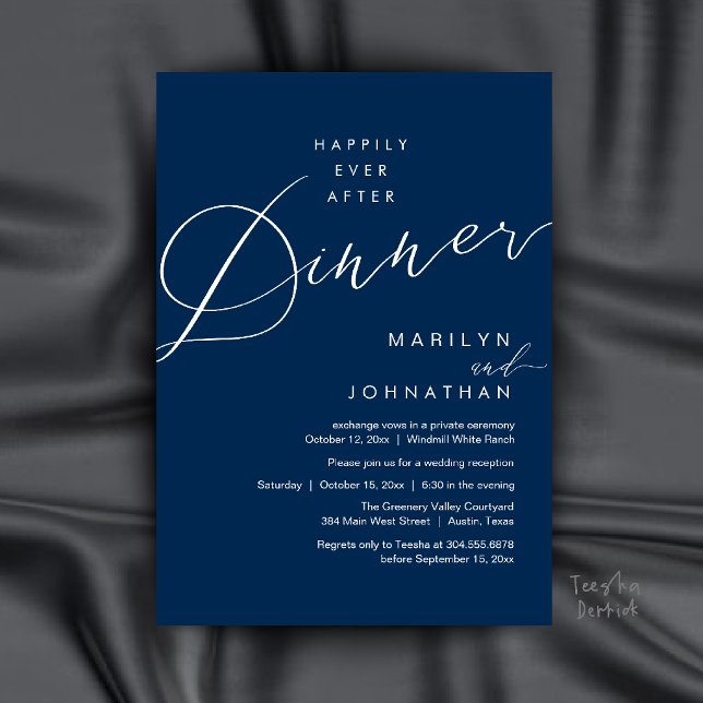 Convites Recepção de Jantar de Casamento Moderno Feliz para (Modern Wedding Happily Ever After Reception Dinner Invitation Card in Navy Blue)