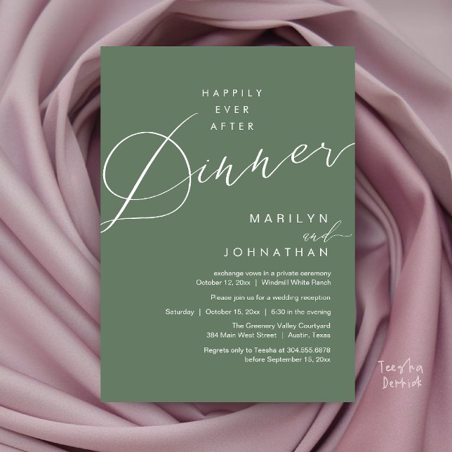 Convites Recepção de Jantar do Casamento Moderno Feliz para (Modern Wedding Happily Ever After Reception Dinner Invitation Card in Sage Green)