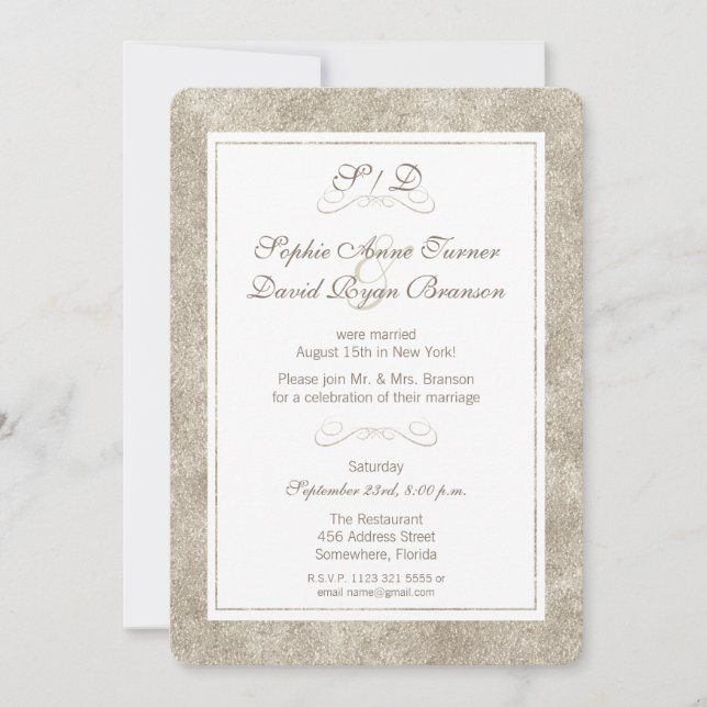 Convites Recepção de Noite de Casamento com Borda Prata e B (Frente)