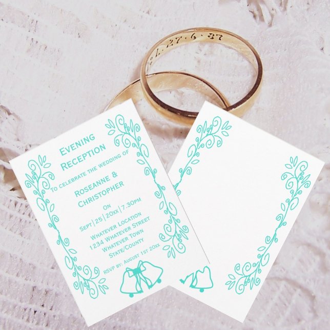 Convites Recepção de Noivado com Sinos em Turquesa e Trabal (Turquoise evening reception wedding invitation bells scrollwork design)