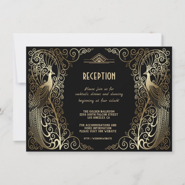 Convites Recepção de Noivos Glam Gold Art Déco com Pavões (Frente)
