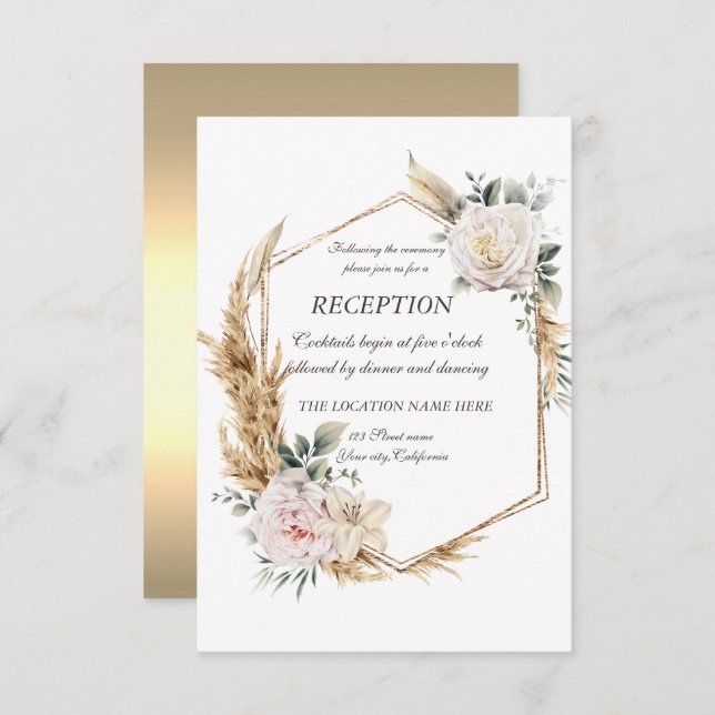 Convites Recepção de Quadro Dourado Floral (Frente/Verso)