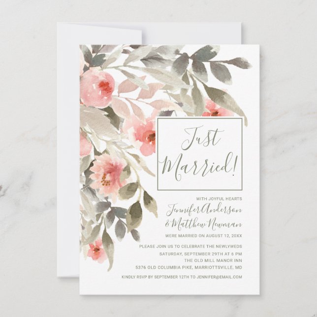 Convites Recepção de Rosa Blush em Aquarela Pós-Casamento (Frente)