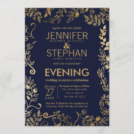 Convites Recepção Floral Dourada Azul Elegante Marinho