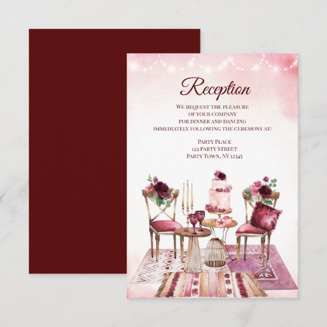 Convites Recepção Floral em Aquarela Boho Borgonha (Frente/Verso)