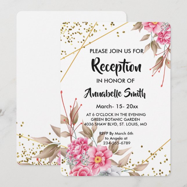 Convites Recepção Floral Rosa Cor-de-Quadro Dourada Geométr (Frente/Verso)
