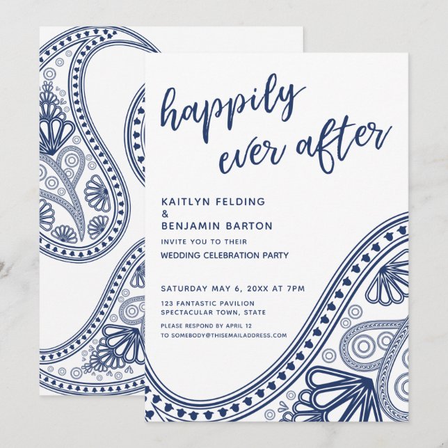 Convites Recepção Navy Happily Ever After Paisley - Apenas  (Frente/Verso)