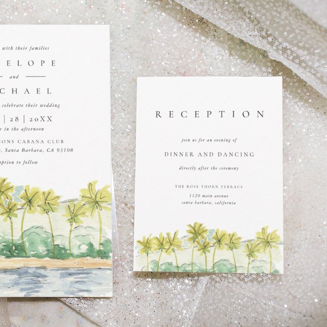 Convites Receptáculo de Recepções de casamento Tropicais da (Watercolor palm trees beach scene wedding reception information enclosure cards.)