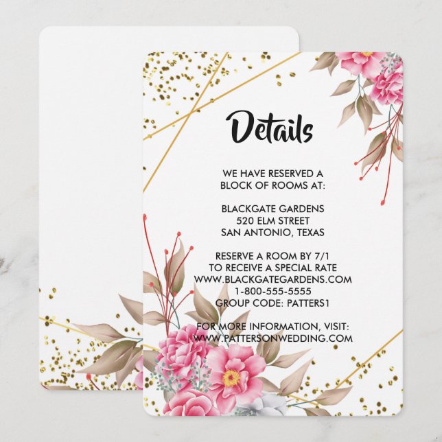 Convites Receptáculo Floral Rosa de Quadro Dourado Geométri (Frente/Verso)